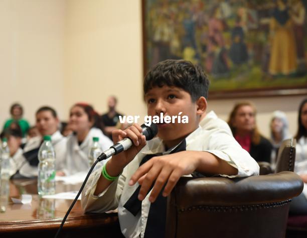 Niño hablando al micrófono en despacho del intendente