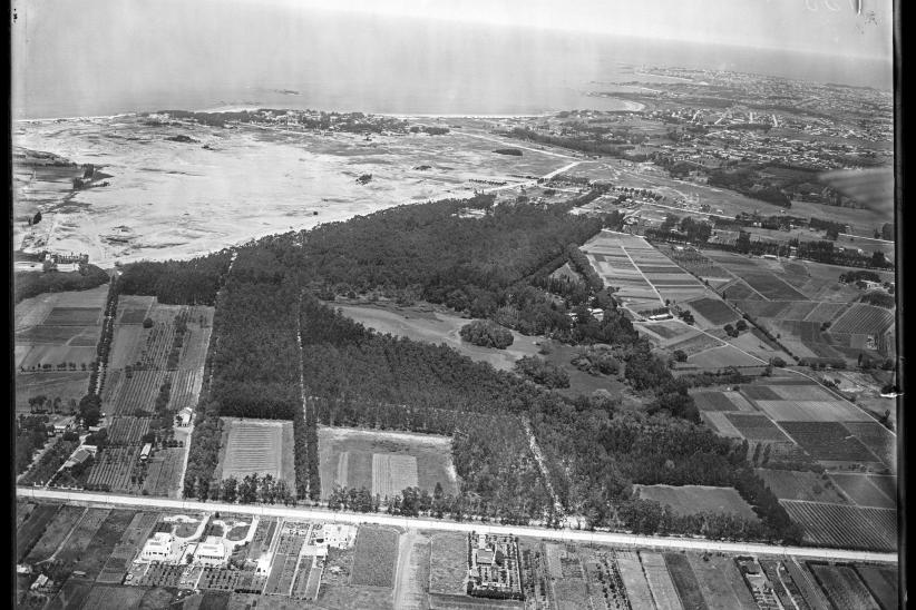 Vista aérea del parque Durandeau (posteriormente, parque Fructuoso Rivera). Al fondo, barrio Malvín. Arriba, Río de la Plata.