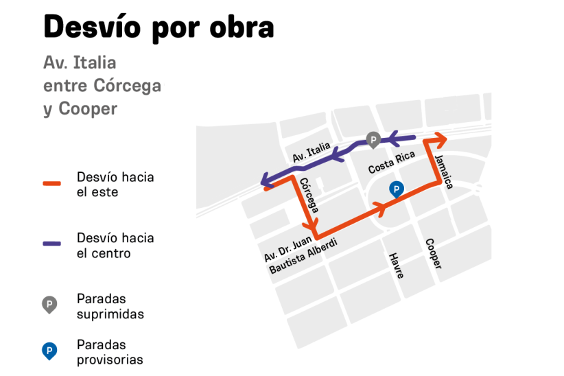 Desvío por obras Av. Italia entre Córcega y Cooper 