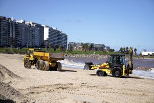 Trabajos de descalce de los muros en la Playa Pocitos