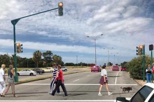 Cruce con semáforos en rambla frente a las canteras del Parque Rodo