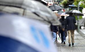 Gente caminando en la calle de espaldas con paraguas en un día de lluvia